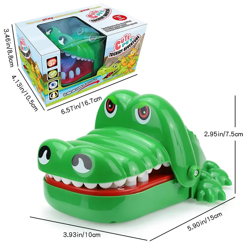 Green plastic crocodile biting finger game toy with white teeth and red interior designed as a playful cute pet tricky adventure interactive kids toy.