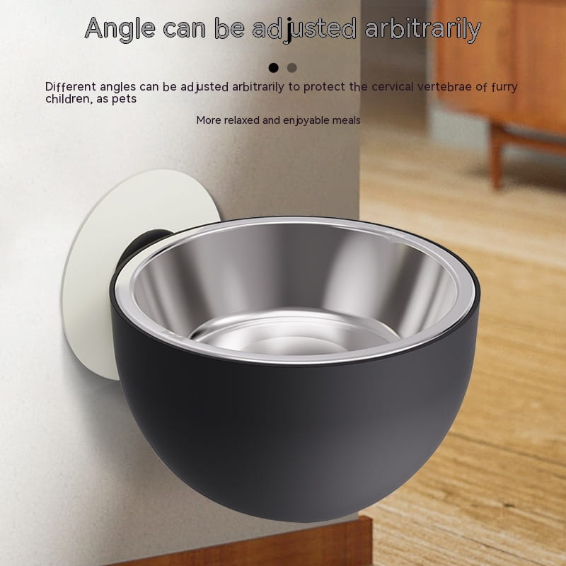 adjustable black and stainless steel pet feeding bowl with a magnetic wall mounted design for convenient feeding.