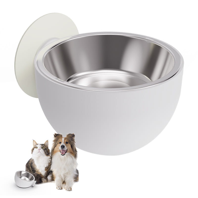 White suction-cup mounted pet food bowl with stainless steel interior designed for magnetic wall mounting.