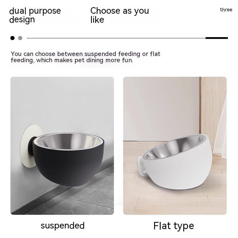 The image shows magnetic wall mounted pet food bowls with one matte black and stainless steel bowl suspended and one glossy white and stainless steel bowl flat on the surface.