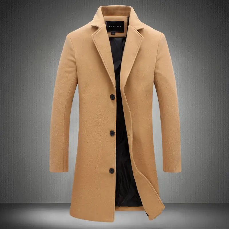 Beige woolen overcoat with black buttons and a notched collar made from a wool blend suitable for casual business wear.