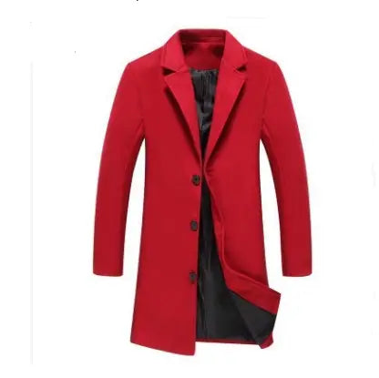 Men’s solid wool blend casual business overcoat in red with black inner lining and classic button closure.