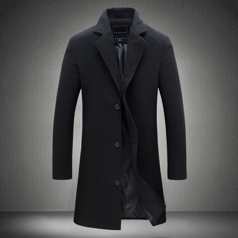 Men’s solid wool blend casual business overcoat in black with a notched collar and three dark buttons.