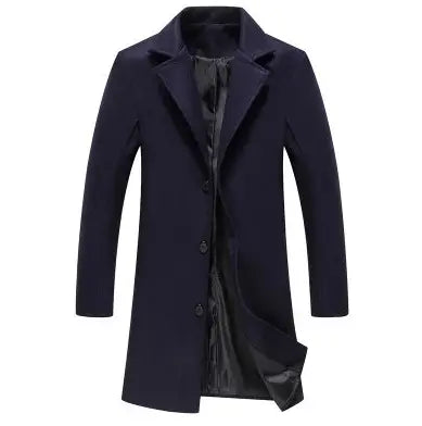 Men’s solid wool blend casual business overcoat in dark navy featuring a notched collar and black buttons.