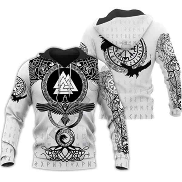 white zip up hoodie with black Norse-inspired 3d print featuring runes, a valknut symbol, and an eagle motif on the back.