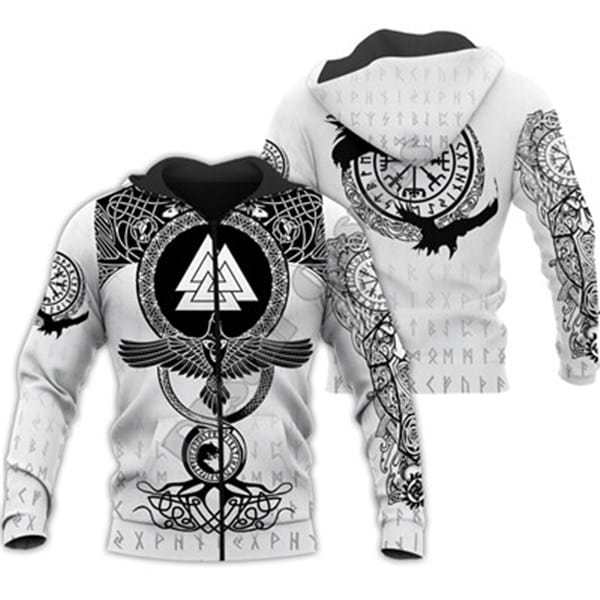 White zip-up hoodie featuring intricate black Norse-inspired designs including runes ravens and a central Valknut symbol on the back side.
