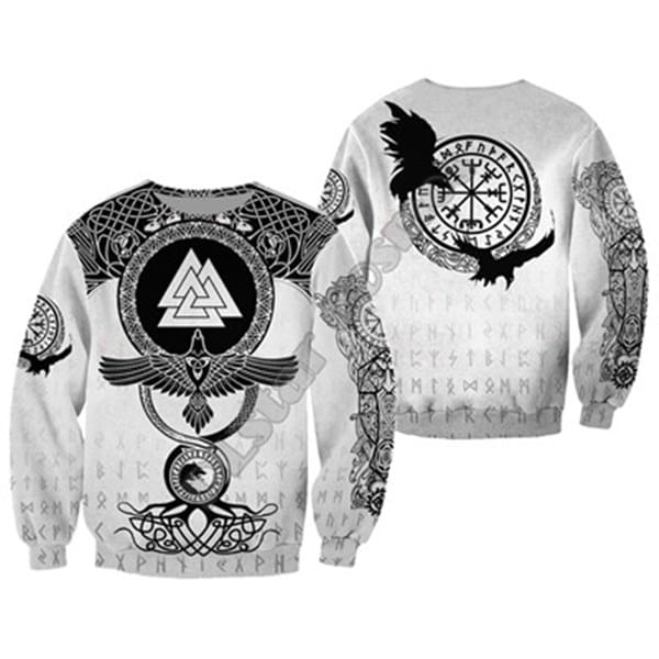 white long-sleeved sweatshirt featuring intricate black Norse Viking designs including a valknut symbol and ravens around a vegvísir compass for a valknut Norse graphic 3d print zip up hoodie.