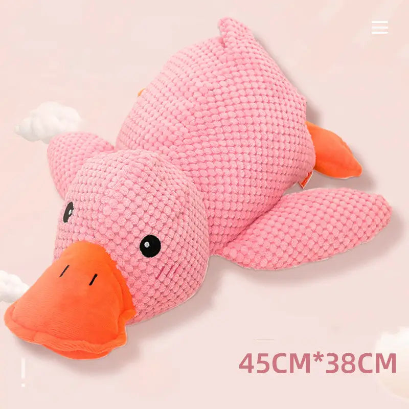 Pink crocheted plush duck dog toy with orange beak and feet designed as a bite resistant molar chew toy.