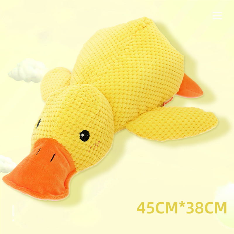 a plush yellow duck dog toy with an orange beak and feet made from textured knit fabric designed as a bite resistant molar chew toy