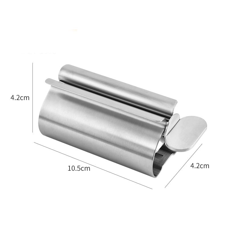stainless steel toothpaste squeezer and holder set featuring a stainless steel can opener with a sleek cylindrical design and smooth reflective surface.