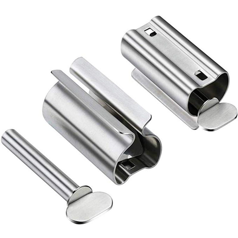 Set of three stainless steel toilet paper holders with sleek modern design and polished finish from the stainless steel toothpaste squeezer and holder set.