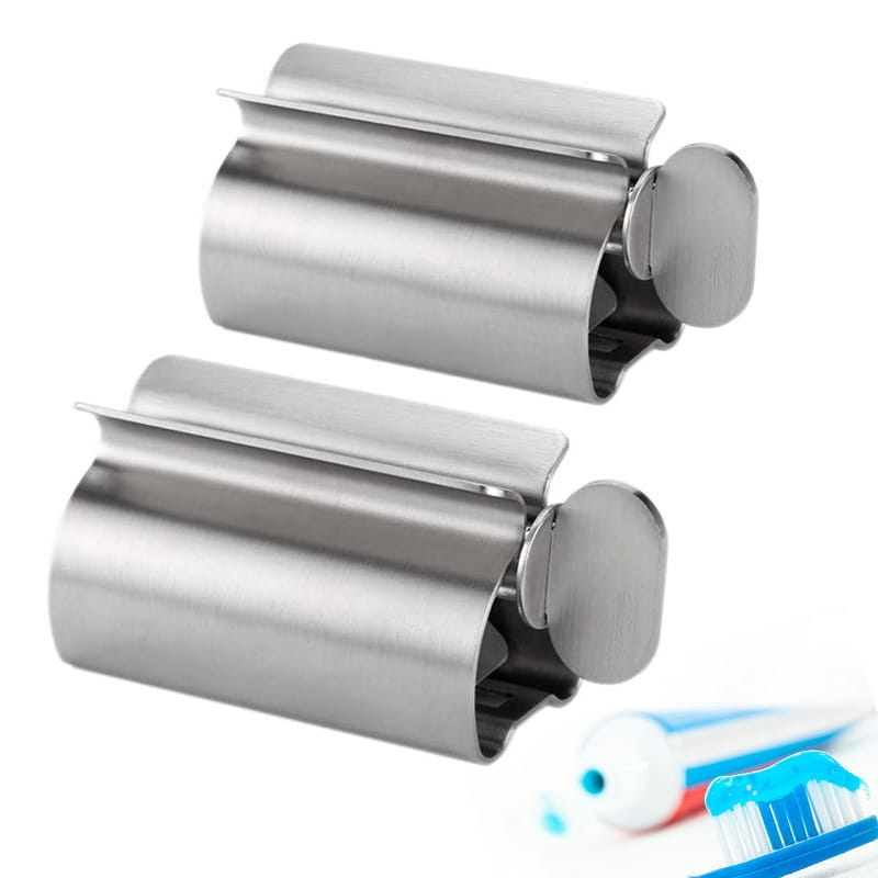 Stainless steel toothpaste squeezer and holder set featuring a sleek cylindrical design with a hinged lid.