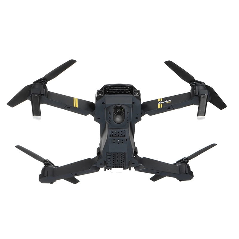 Black quadcopter drone with gold accent stripes on its arms and a central camera designed as the E58 4k dual camera foldable drone for kids and teens.