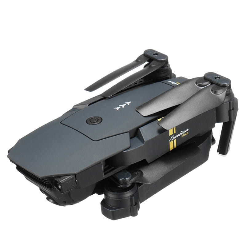Black foldable drone with gold accent branding and sleek compact design featured in the E58 4k dual camera foldable drone for kids and teens.