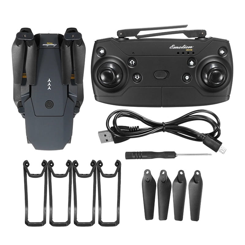 Black foldable E58 4k dual camera drone with emotion branded remote control designed for kids and teens.