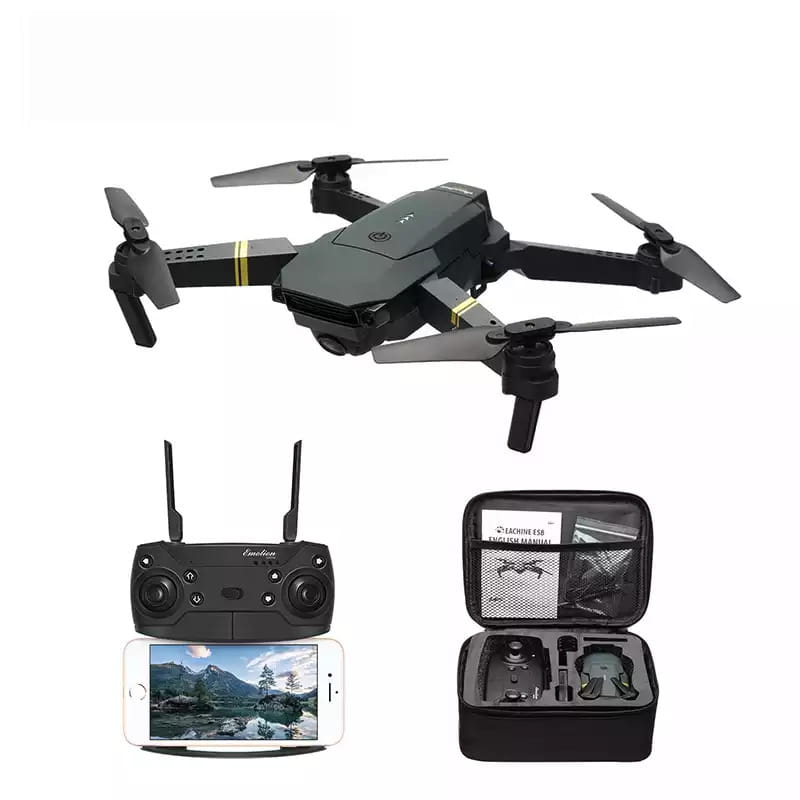 black foldable drone with yellow accents and front camera for kids and teens E58 4k dual camera foldable drone