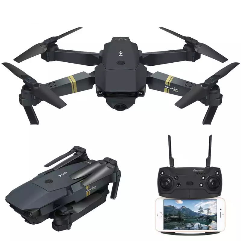 Black foldable E58 4k dual camera drone with gold accent stripes shown alongside its remote control and smartphone display designed for kids and teens.