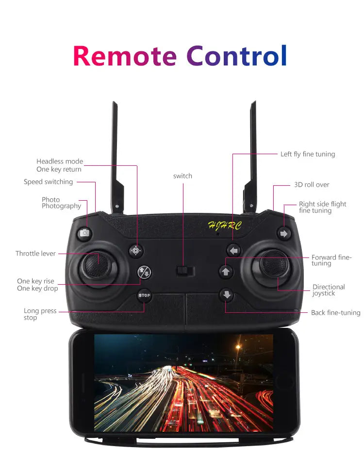 Black remote control with two antennas and dual joysticks featuring a yellow logo for the E58 4k dual camera foldable drone for kids and teens.