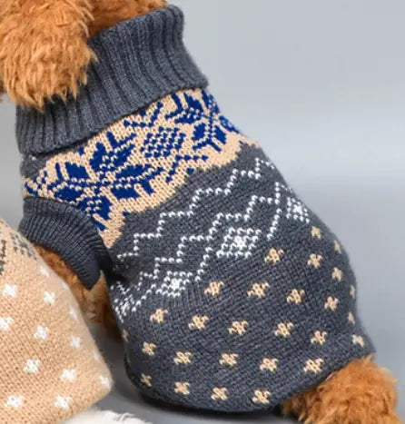 Gray knitted dog sweater with blue and beige nordic-inspired snowflake patterns suitable for winter pet apparel