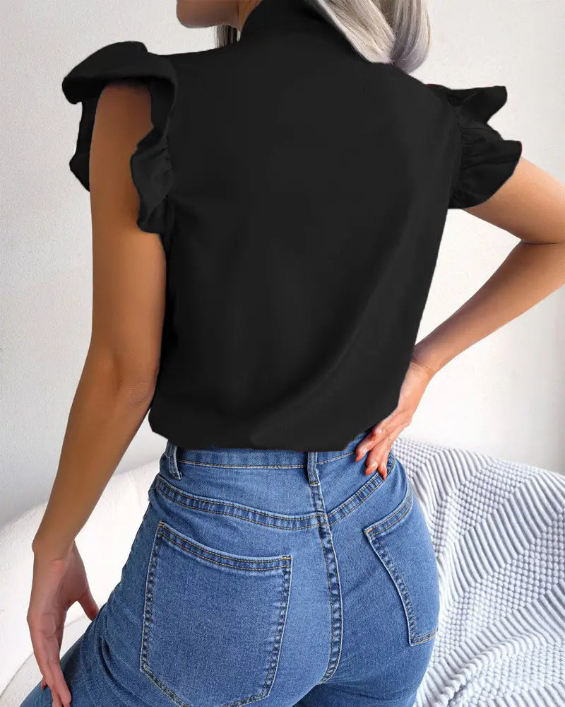 Black retro ruffled bowknot short sleeve blouse featuring ruffled sleeves and a lightweight fabric for elegant casual wear.