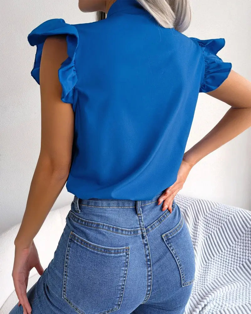 Bright blue retro ruffled bowknot short sleeve blouse featuring ruffled short sleeves and a high neckline.
