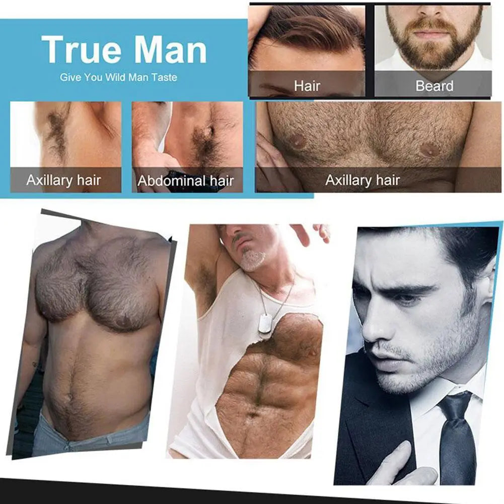 Men’s grooming advertisement showcasing a beard growth kit with a derma roller and serum set designed for enhancing various types of body hair.