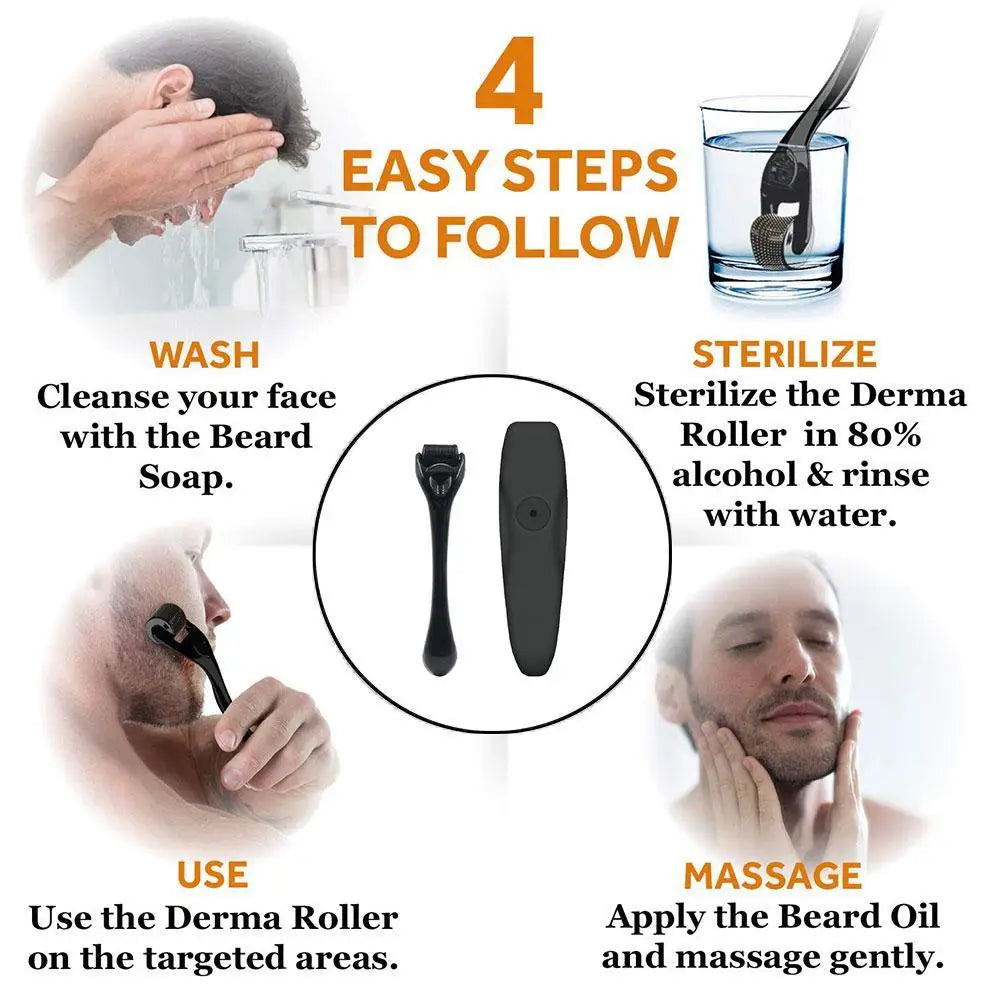 black derma roller with textured roller head and ergonomic handle for beard growth kit with derma roller and serum set
