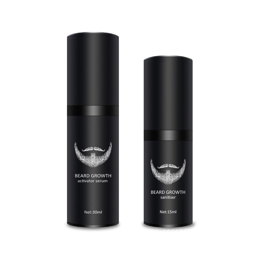 Zwei elegante schwarze zylindrische Fläschchen mit der Aufschrift Bartwuchs-Aktivator-Serum und Bartwuchs-Desinfizierer mit silbernen Bartgrafiken, dargestellt in einem Bartwuchskit mit Dermaroller und Serumsset.