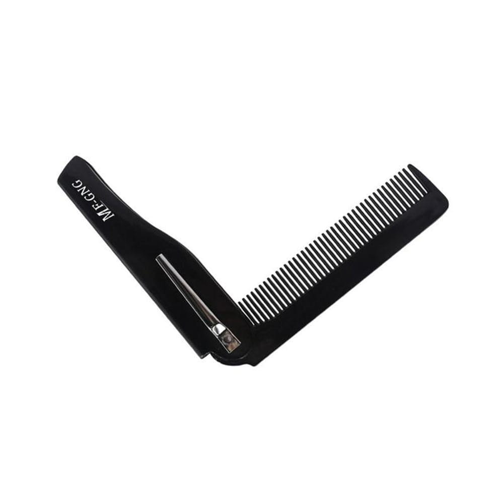 Schwarzer faltbarer Kamm mit integriertem Clip und Metallzähnen sowie Me-ging-Branding auf dem Griff aus dem Bartwuchskit mit Dermaroller und Serumsset.