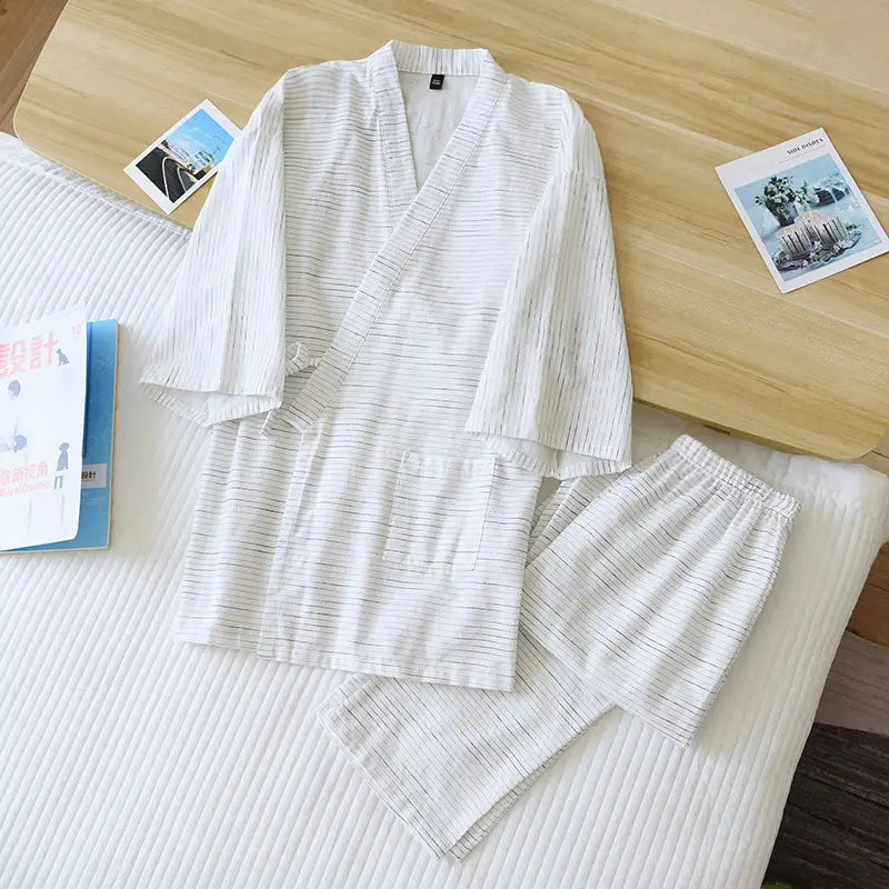 White striped cotton kimono pajama set for men with a v-neck and three-quarter sleeves.