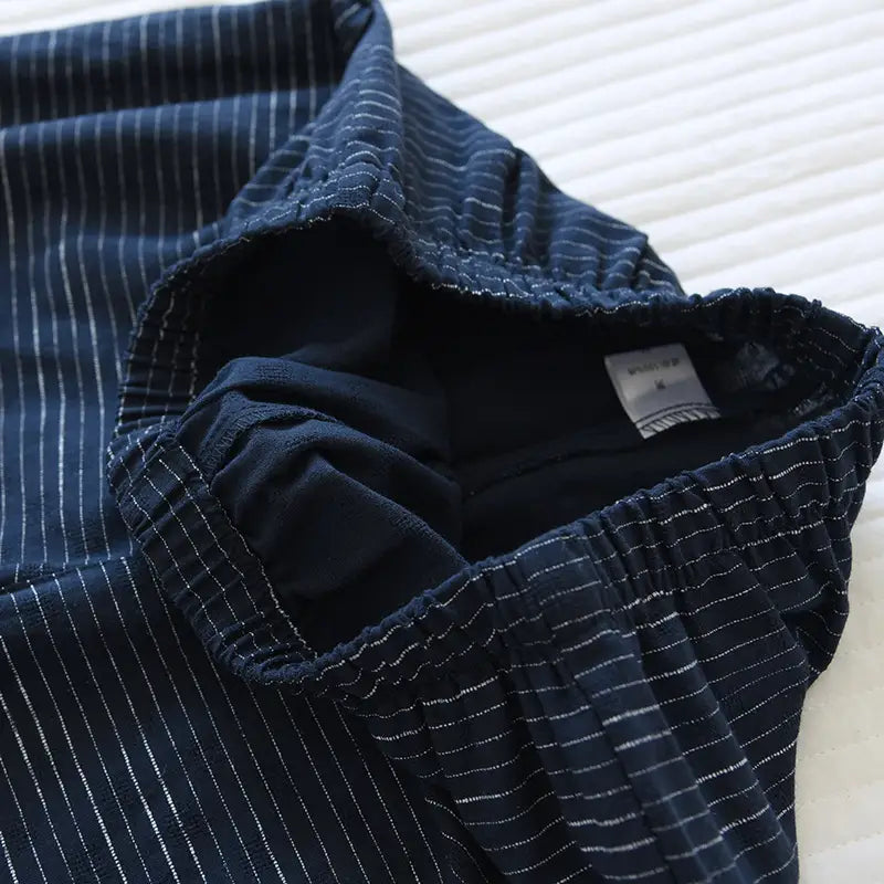 navy blue pinstripe cotton pajama pants with elastic waistband from the striped cotton kimono pajama set for men