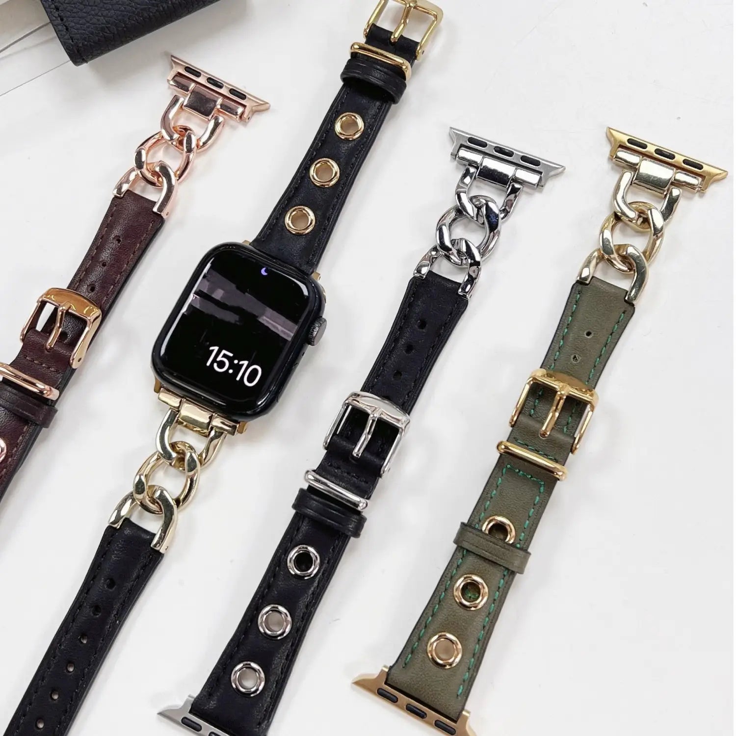 black leather apple watch band with retro gold-tone chain link hardware for a stylish and durable accessory