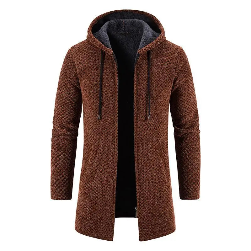 Brown textured knit thickened plush hooded men cardigan coat with dark gray fleece-lined interior and black drawstrings.