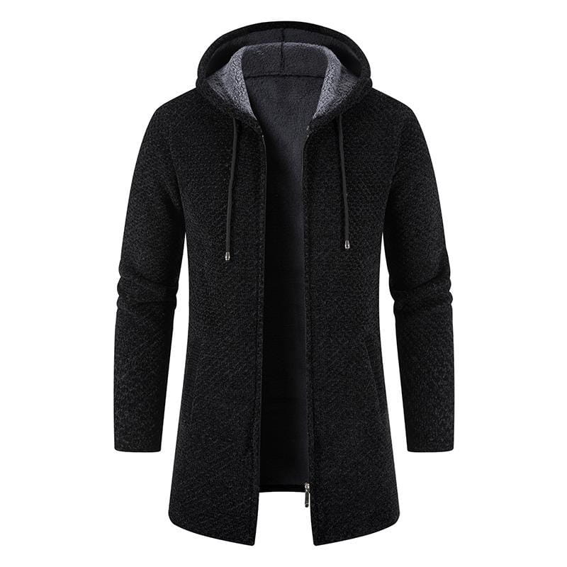 Black textured knit thickened plush hooded men cardigan coat with gray fleece-lined interior and drawstrings.