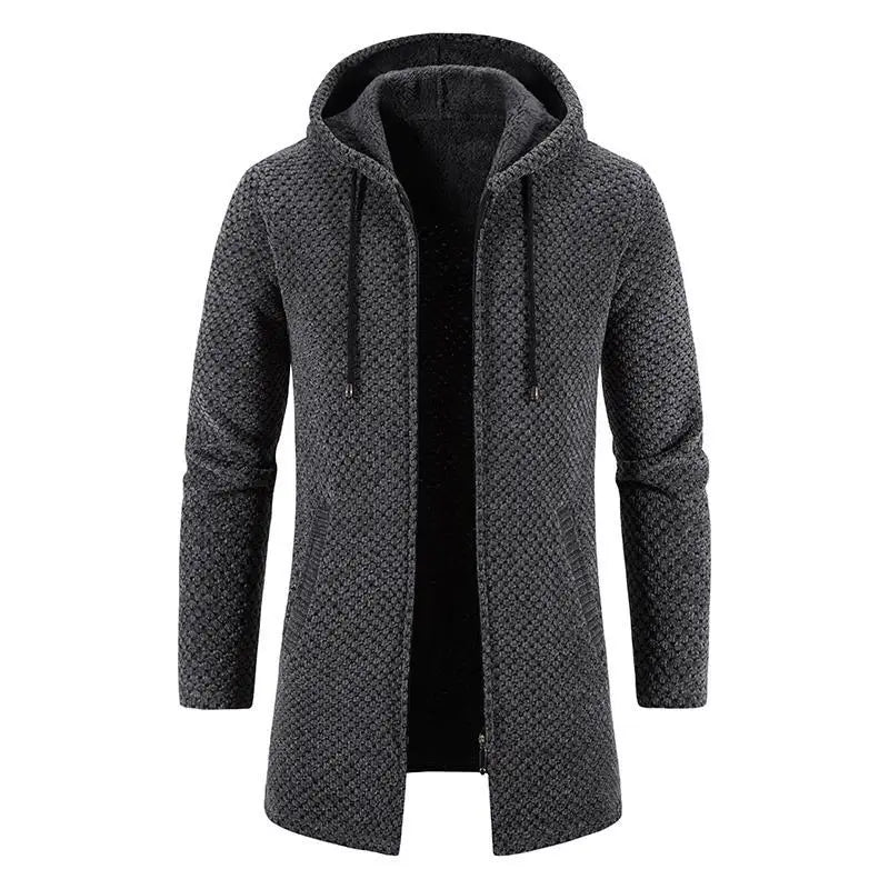 A dark gray thickened plush hooded men cardigan coat made of textured knit with a matching drawstring and front zipper.