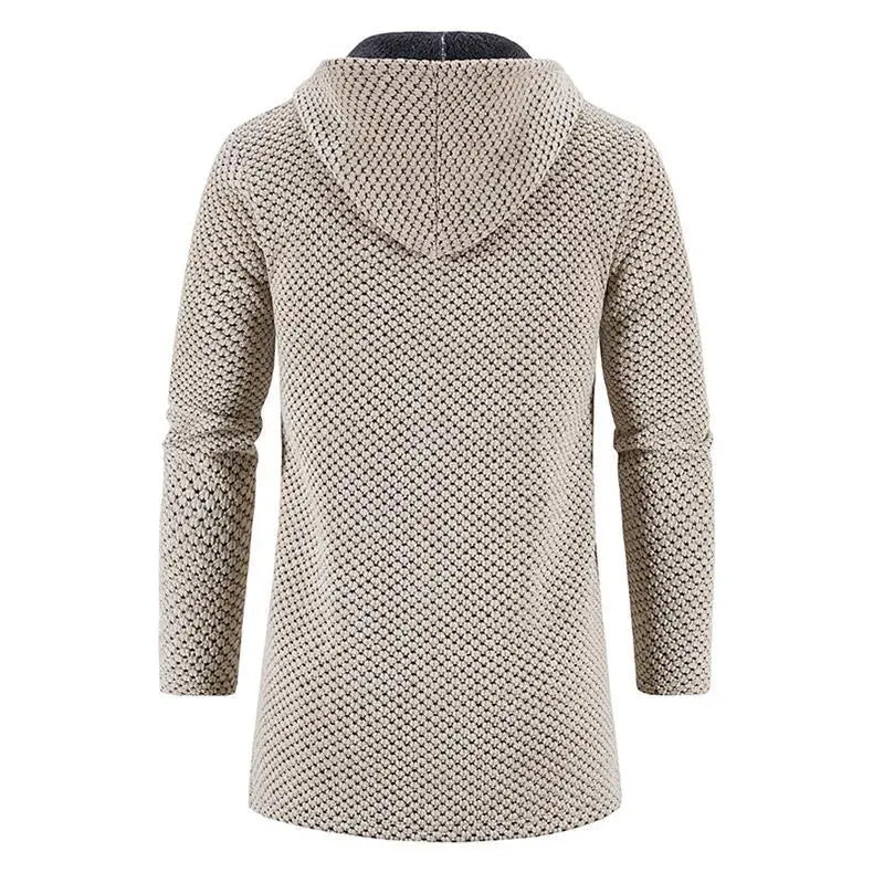 Beige knitted thickened plush hooded men cardigan coat with textured diamond pattern and dark gray inner lining.