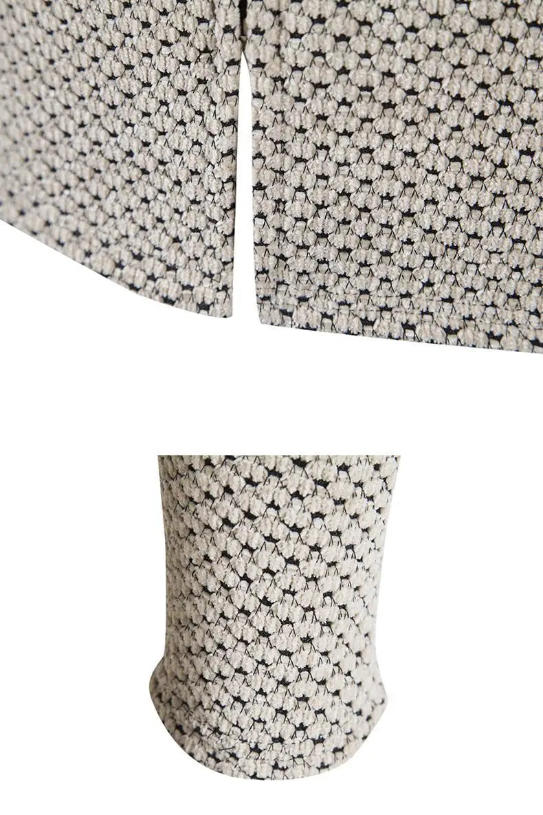 a thickened plush hooded men cardigan coat featuring black and white textured fabric with a repeating geometric pattern