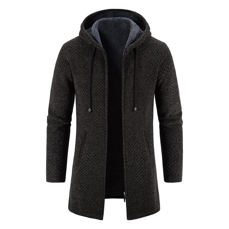 Black textured knit thickened plush hooded men cardigan coat with a gray plush-lined interior and drawstrings.