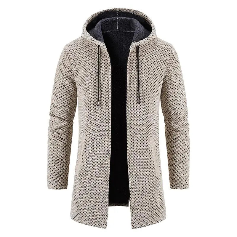 Beige textured knit thickened plush hooded men cardigan coat with black inner lining and drawstrings.