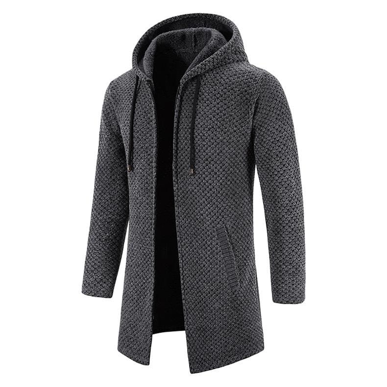 thickened plush hooded men cardigan coat in dark gray textured knit with cozy fleece-lined interior and matching drawstrings