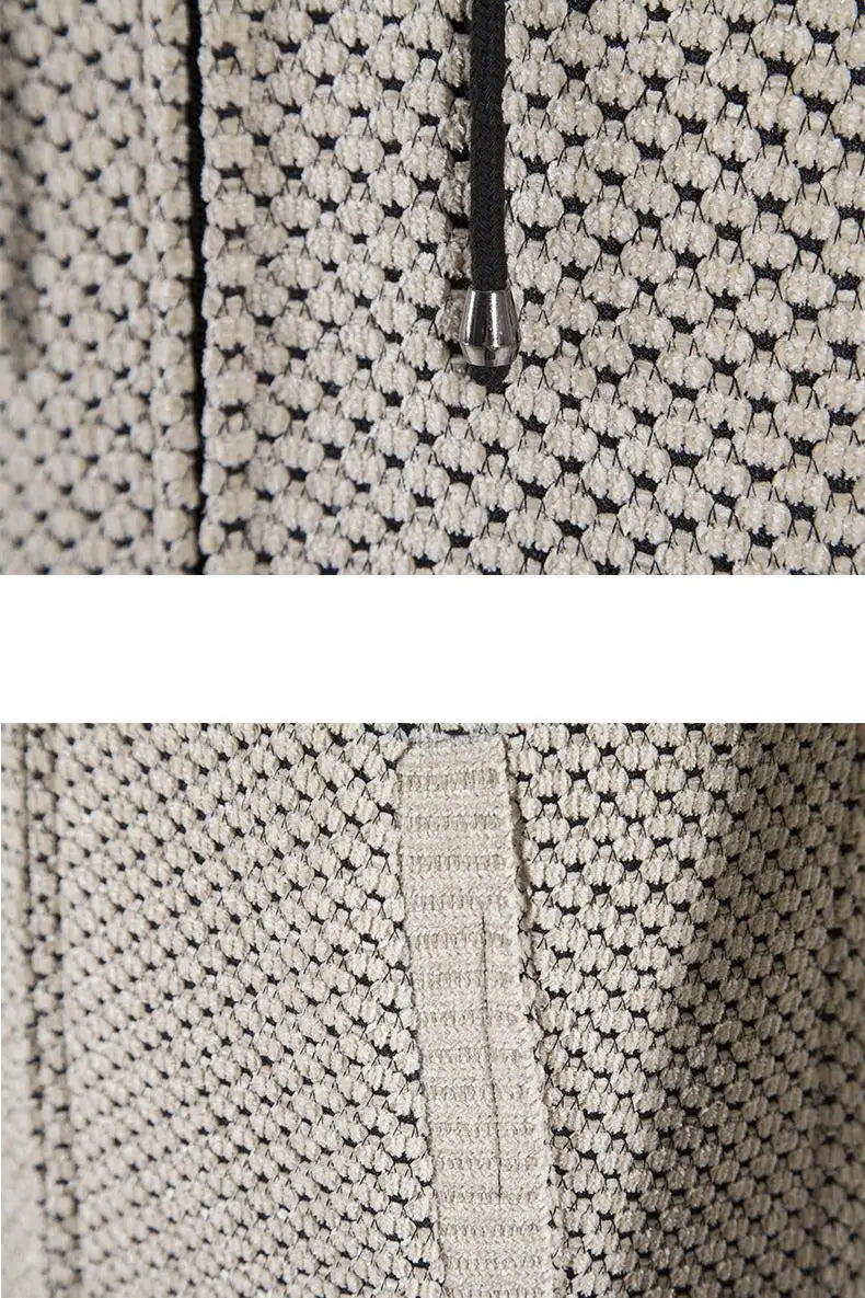 thickened plush hooded men cardigan coat featuring a textured off-white and black knit fabric with a sleek silver zipper pull.