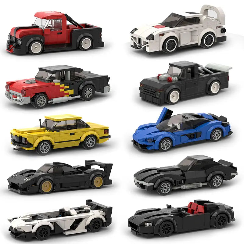 Un ensemble de modèles d’ensemble de blocs de construction pour voiture de course en LEGO, détaillés et multicolores, construits en LEGO, de type moc, avec diverses conceptions et couleurs.