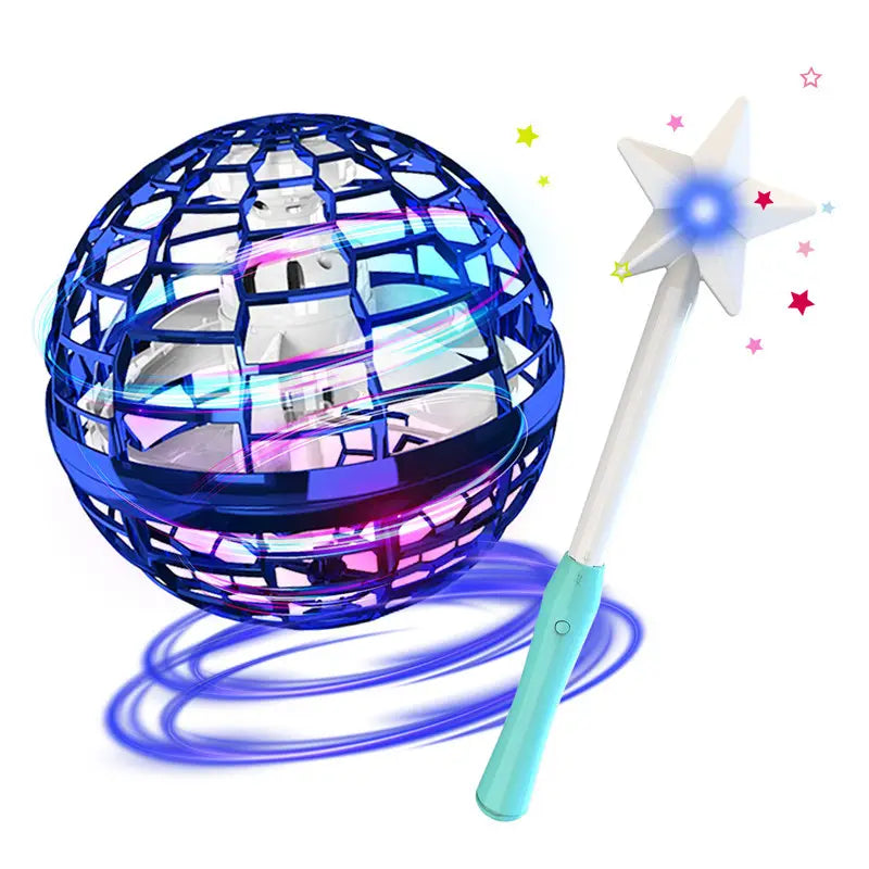 blue glowing disco ball flying orb ball boomerang spinner with a star-shaped magic wand toy for interactive play