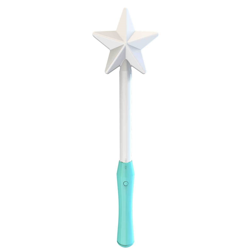 white star-topped magic wand with teal grip and button handle for flying orb ball boomerang spinner magic wand toy.