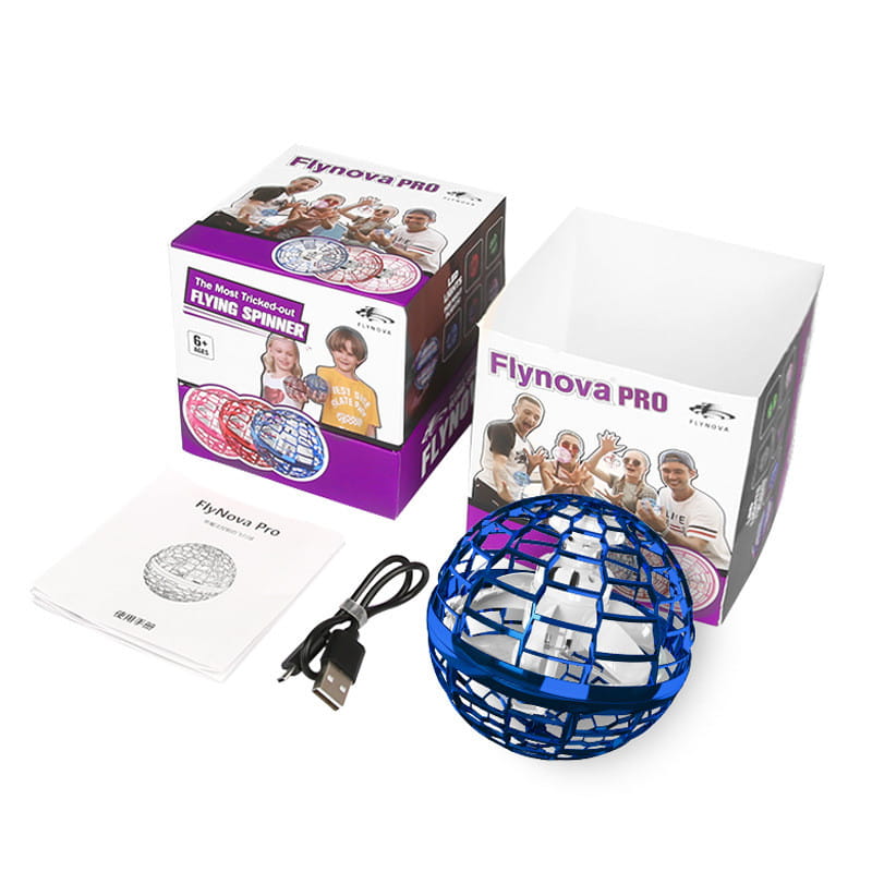 Blue metallic mesh sphere drone with internal spinning mechanism from the flying orb ball boomerang spinner with magic wand toy.