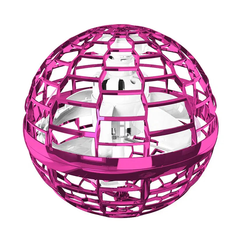 A vibrant pink flying orb ball boomerang spinner with a hexagonal lattice design encasing white internal components and a magic wand toy.
