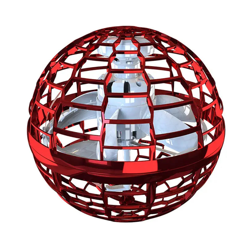 Red metallic spherical drone flying orb ball boomerang spinner with a honeycomb-like frame enclosing internal white propellers and components for magic wand toy use.