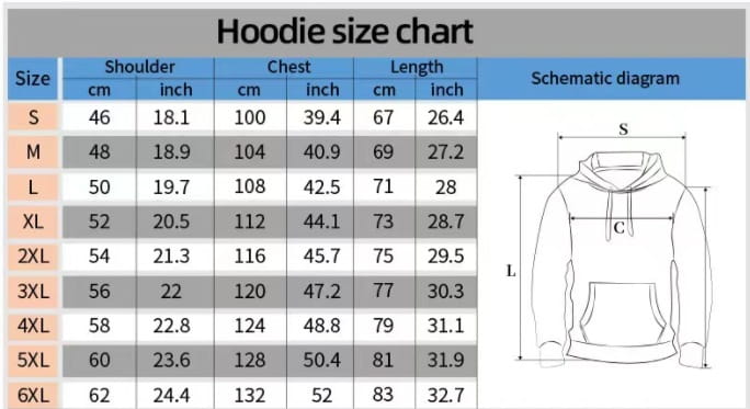 Beschriftete Größentabelle für Hoodie-Größen in Zentimetern und Zoll für die Größen von S bis 6XL mit schematischer Darstellung eines L-förmigen Herren-Pullover-Hoodies im geometrischen Tribal-Print-Streetwear-Stil.