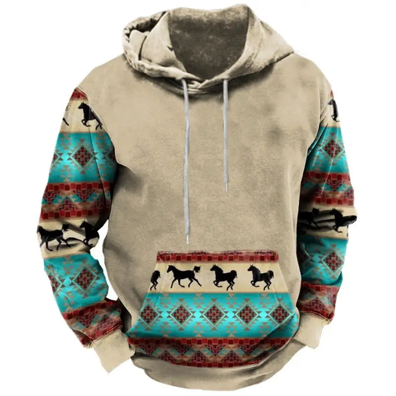 Herren-Pullover-Hoodie im Beige-Streetwear-Stil mit türkisfarbenen und roten geometrischen Mustern sowie schwarzen Pferdesilhouetten an Ärmeln und auf der Fronttasche.