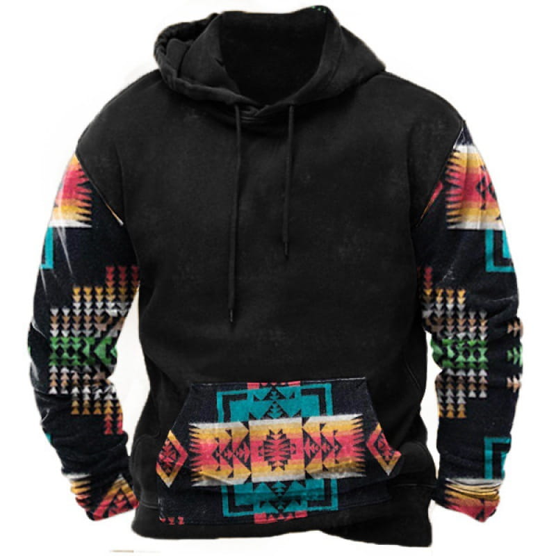 Herren-Pullover-Hoodie mit geometrischem Tribal-Print im Streetwear-Stil in Schwarz mit leuchtend pinken, türkisfarbenen, gelben und grünen geometrischen Mustern im Tribal-Stil an den Ärmeln und auf der Fronttasche.